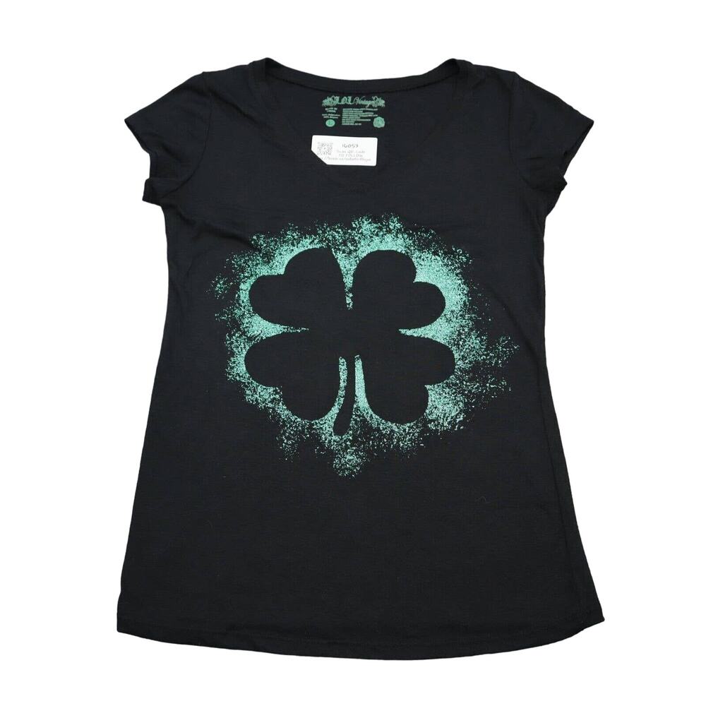 LOL Vintage Shirt Womens L Black Floral Short Cap Sleeve V Neck Casual Top